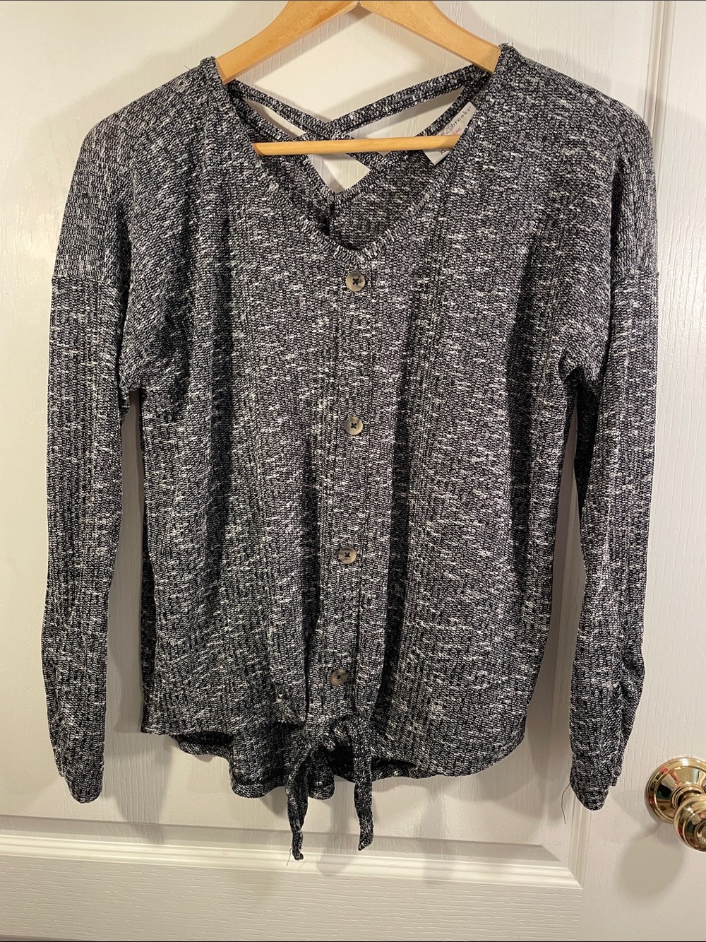 Bobbie Brooks Marled Black & White V-Neck Button-Front Sweater with Tie Hem